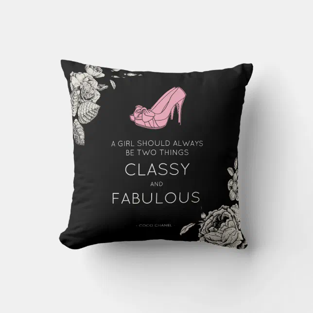 Fashion Quotes Coco Chanel - Vintage Black Pink Po Throw Pillow