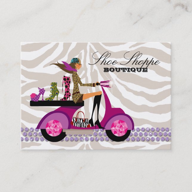 Fashion Shoes Jewelry Zebra Purple Peacock Business Card (Front)
