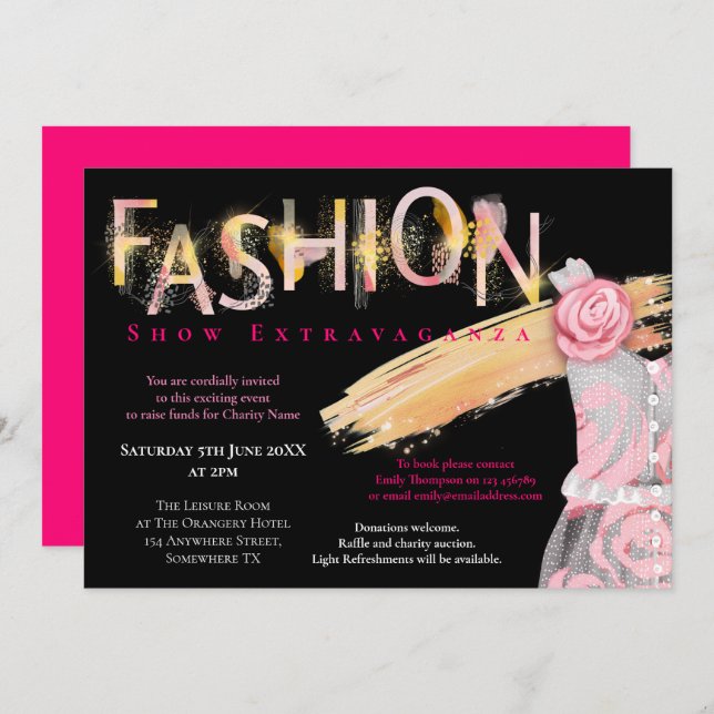 Fashion Show Event Arty Typography Pink Black Invitation (Front/Back)