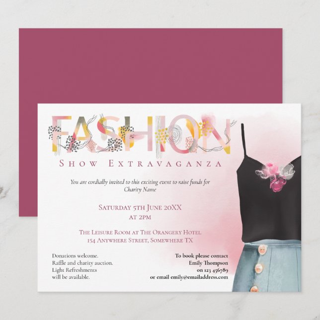 Fashion Show Event Arty Typography Raspberry Pink Invitation (Front/Back)