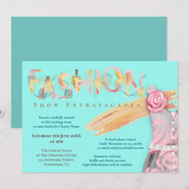 Fashion Show Event Arty Typography Teal Invitation (Front/Back)