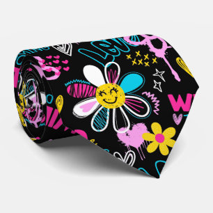 Fashion Smiley Flower Graffiti Pattern Neck Tie