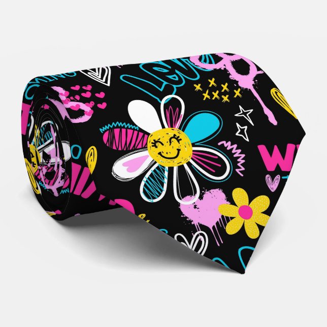 Fashion Smiley Flower Graffiti Pattern Neck Tie (Rolled)