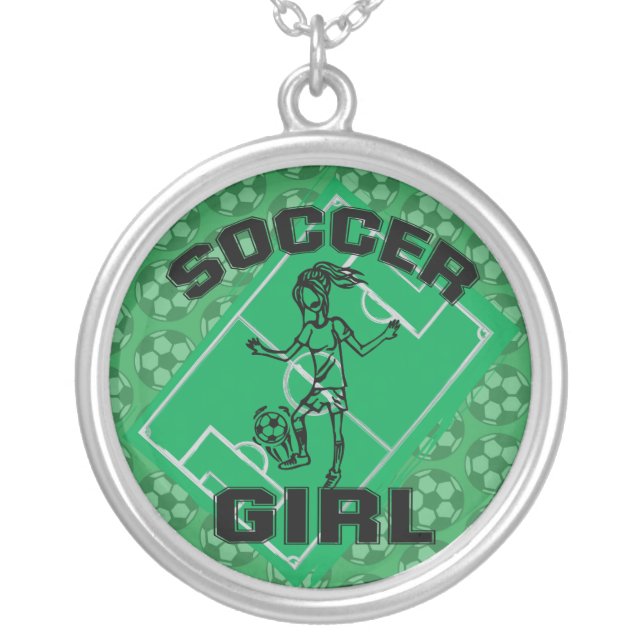 Fashion Soccer girl football design Silver Plated Necklace (Front)