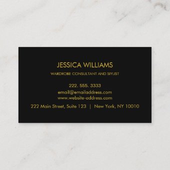 Fashion Stylist Gold Script Elegant Black Business Card | Zazzle