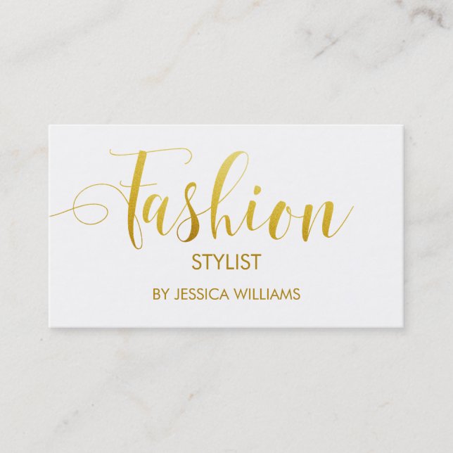Fashion Stylist Gold Script Elegant White Business Card (Front)