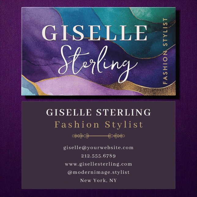 Fashion Stylist Purple Gold Modern Watercolor  Business Card (Creator Uploaded)