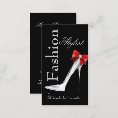Fashion Stylist Silver Stiletto with Red Bow Busin Business Card