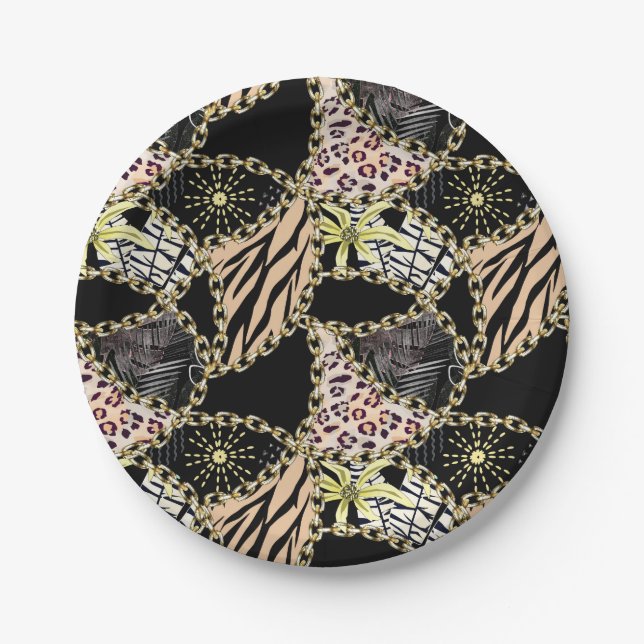 Fashionable, abstract, chains, tiger skin. paper plates (Front)