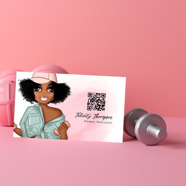 Fashionable Afro Fitness Instructor Girl QR Code Business Card (Creator Uploaded)