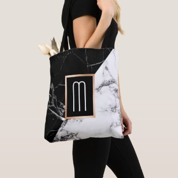 Fashionable Black White Marble Texture Monogram Tote Bag by UrHomeNeeds at Zazzle