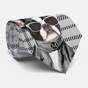 Fashionable Boston Terrier dog and Plaid Monogram Neck Tie