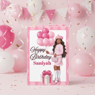 Fashionable Brown Girl/Teen Pink Birthday Card