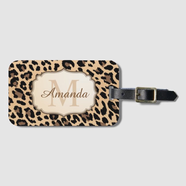 Fashionable Cream Leopard Print Monogram Name Luggage Tag (Front Horizontal)