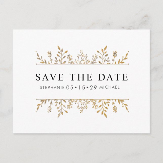 Fashionable Elegant Gold Leaf Chic Save the Date Announcement Postcard (Front)