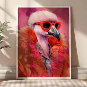 Fashionable Flamingo in Fur Funky Animal Art Poster