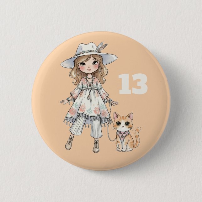 Fashionable girl strolling with her cat button (Front)