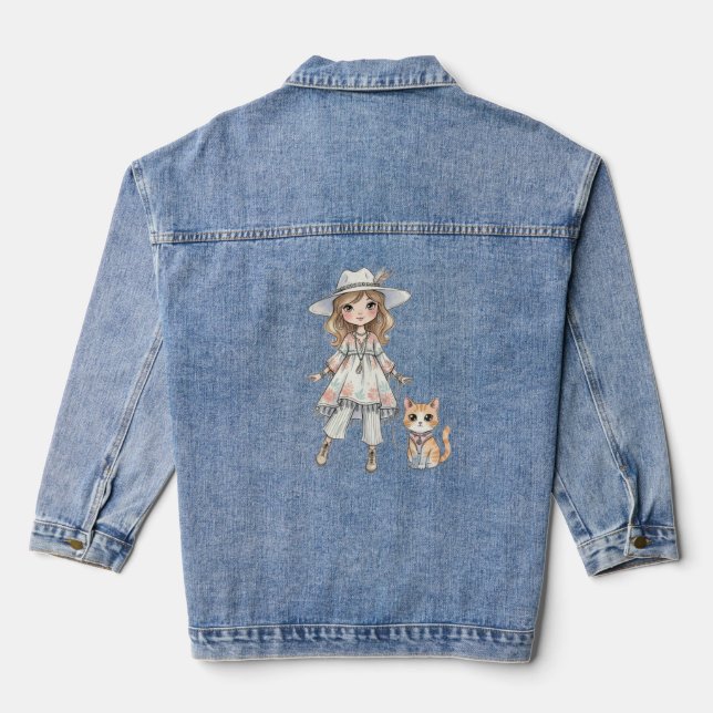 Fashionable girl strolling with her cat denim jacket (Back)