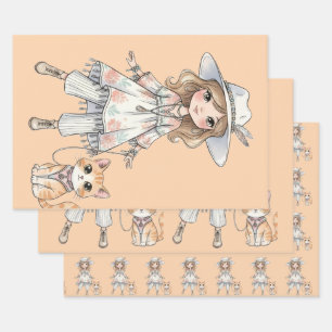 Fashionable girl strolling with her cat wrapping paper sheets