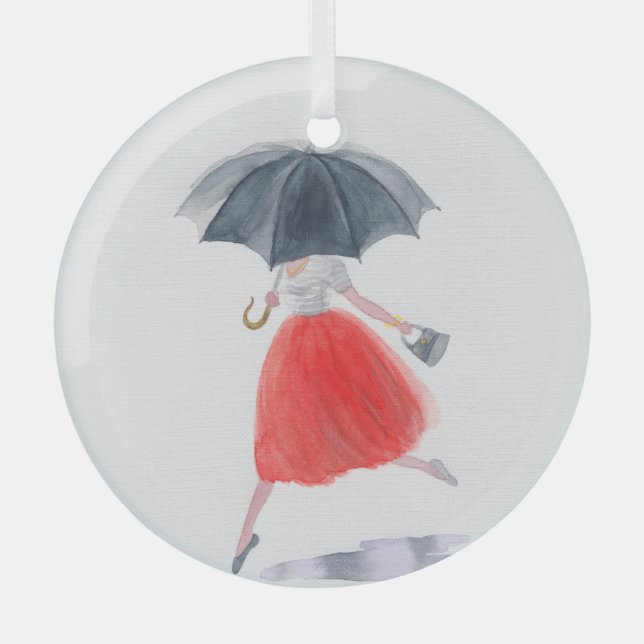 Fashionable Girl: Umbrella Rain Illustration Glass Ornament (Front)