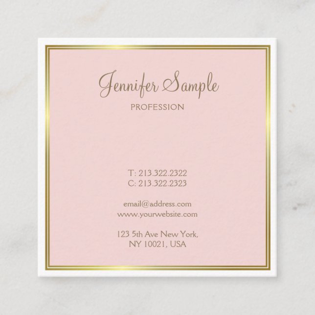 Fashionable Gold Blush Pink Handritten Script Luxe Square Business Card (Front)