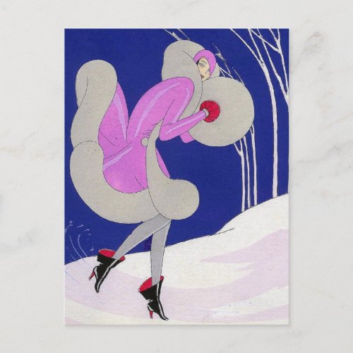 Fashionable lady in winter postcard