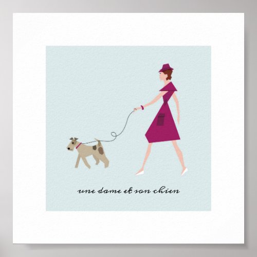 Fashionable Lady Walking Her Wire Fox Terrier Poster