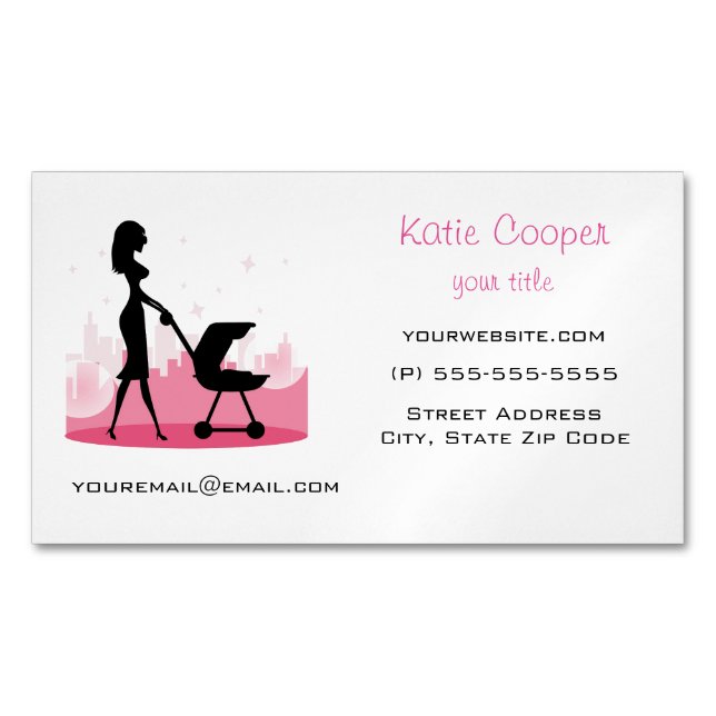 Fashionable Mommy Pushing Baby Carriage Business Card Magnet (Front)