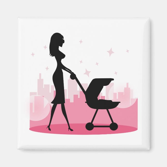 Fashionable Mommy Pushing Baby Carriage Magnet (Front)