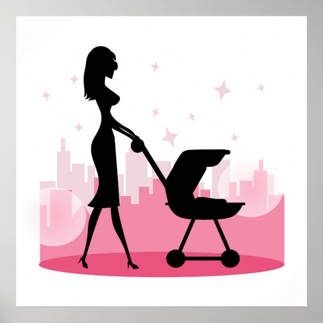 Fashionable Mommy Pushing Baby Carriage Poster (Front)