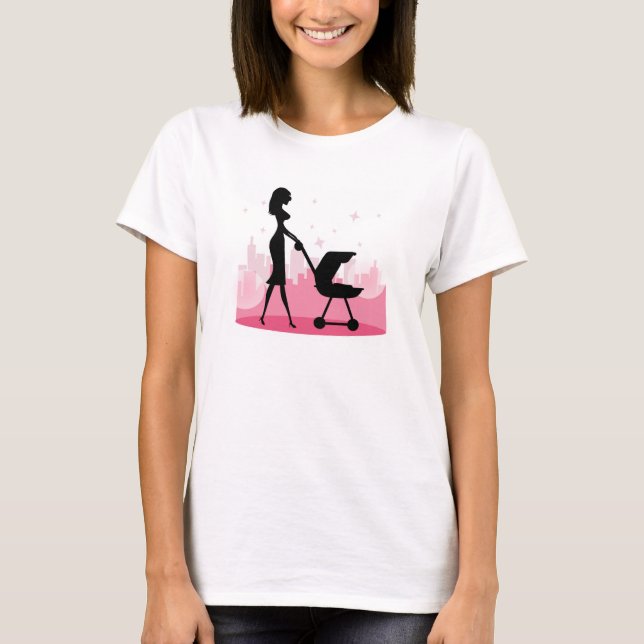 Fashionable Mommy Pushing Baby Carriage T-Shirt (Front)