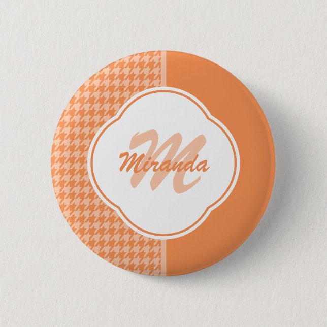 Fashionable Orange Houndstooth Monogram and Name Button (Front)