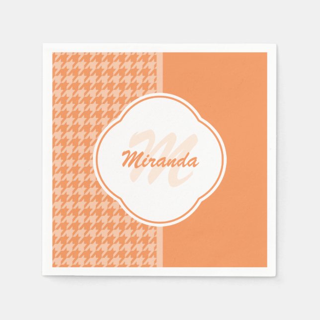Fashionable Orange Houndstooth Monogram and Name Napkins (Front)