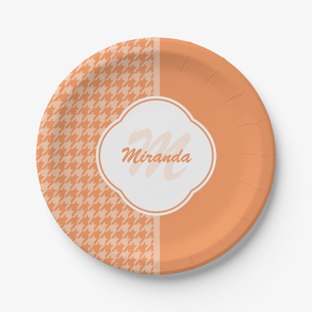 Fashionable Orange Houndstooth Monogram and Name Paper Plates (Front)