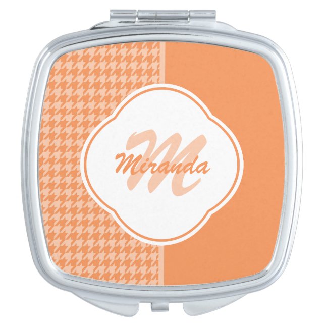 Fashionable Orange Houndstooth Monogram and Name Vanity Mirror (Front)