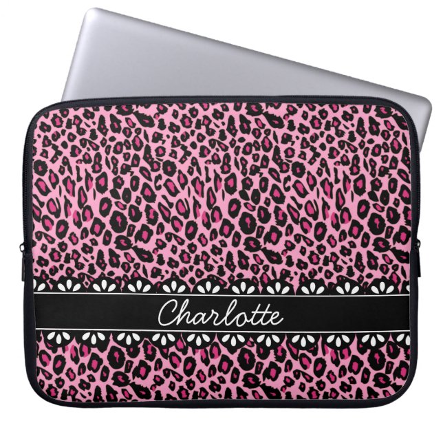 Fashionable Pink Leopard Print and Lace Laptop Sleeve (Front)