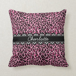 Fashionable Pink Leopard Print and Lace Throw Pillow