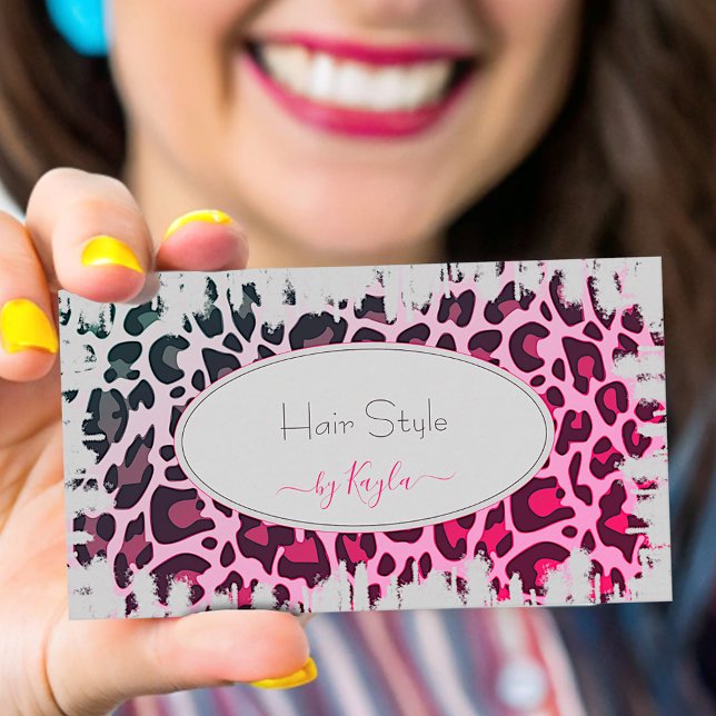 Fashionable Pink Ombre Leopard Pattern Hair Salon Business Card (Creator Uploaded)