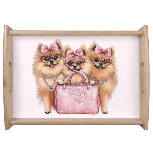 Fashionable Pomeranian Dogs Pink Purse Serving Tray