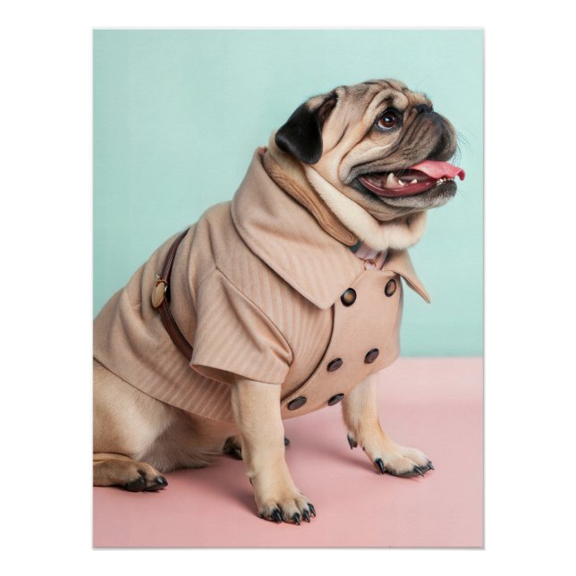 Fashionable Pug Dog Wearing Vintage 1940s Style Poster (Front)