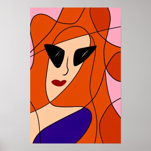 Fashionable Redhead _ Pink and Orange Line Drawing Poster