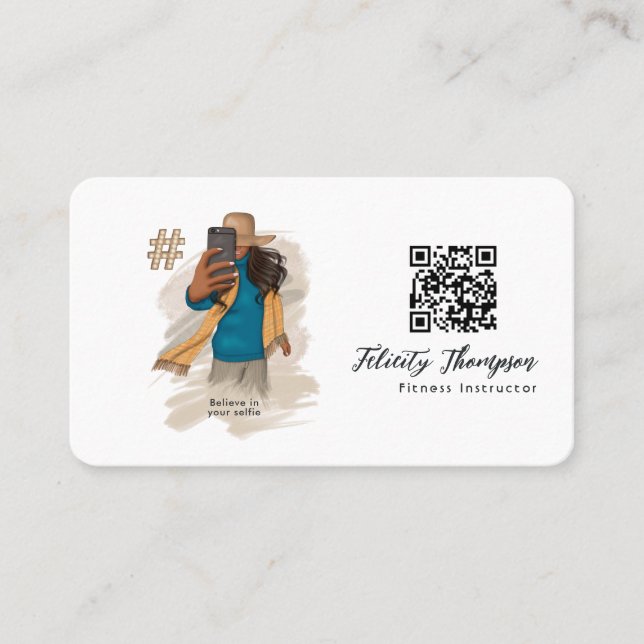 Fashionable Selfie Girl QR Code Business Card (Front)