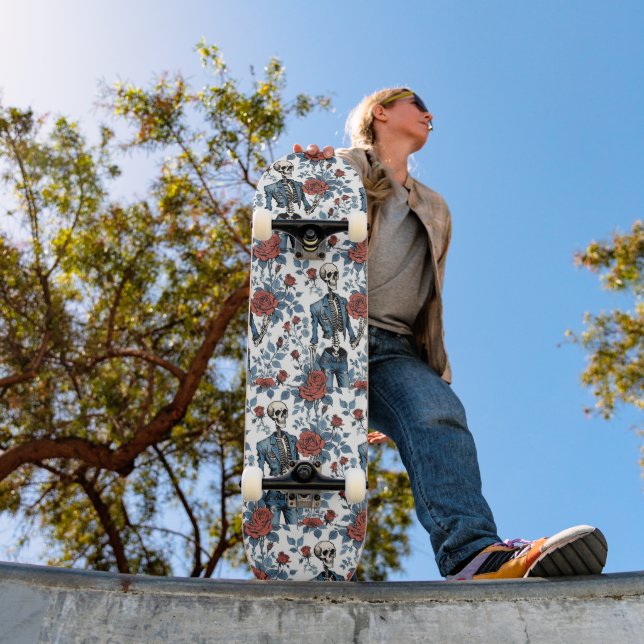 Fashionable Skeletons in Jean jacket with Roses Skateboard (Outdoor 1)