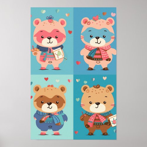 Fashionable Teddy Bears Collection Nursery Poster