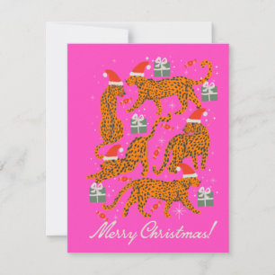 Fashionable tiger with red lips and christmas hats holiday card