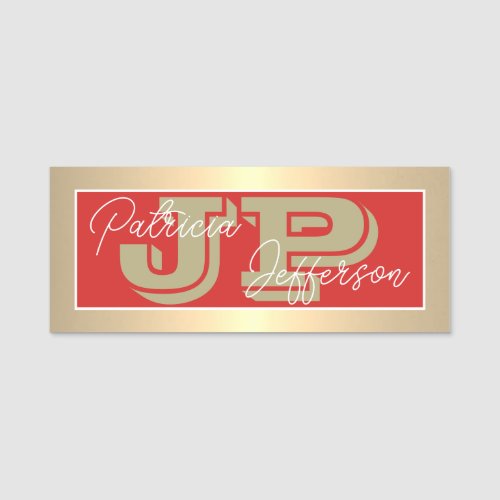 Fashionable Tomato Red Luxury Gold Modern Monogram Name Tag