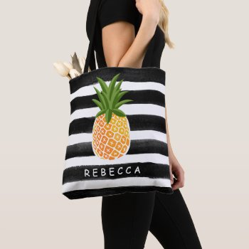Fashionable Tropical Pineapple Black White Stripes Tote Bag by UrHomeNeeds at Zazzle