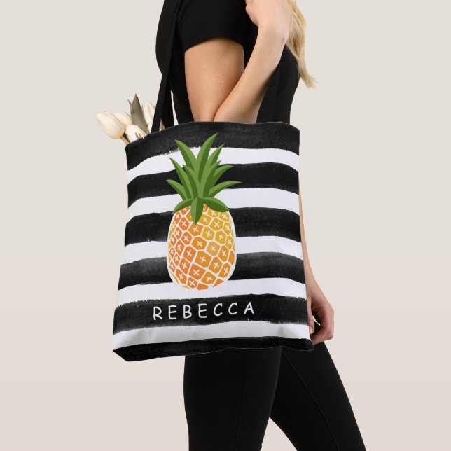 Fashionable Tropical Pineapple Black White Stripes Tote Bag (Close Up)