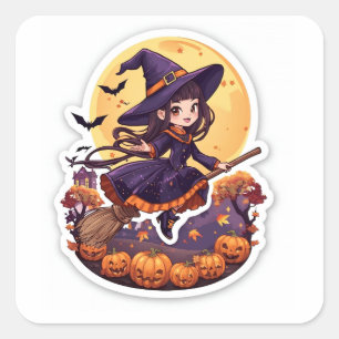 Fashionable Witch & Pumpkin Halloween Sticker