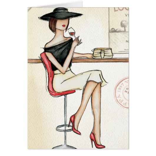 Fashionable Woman Drinking Wine Cards (Front)
